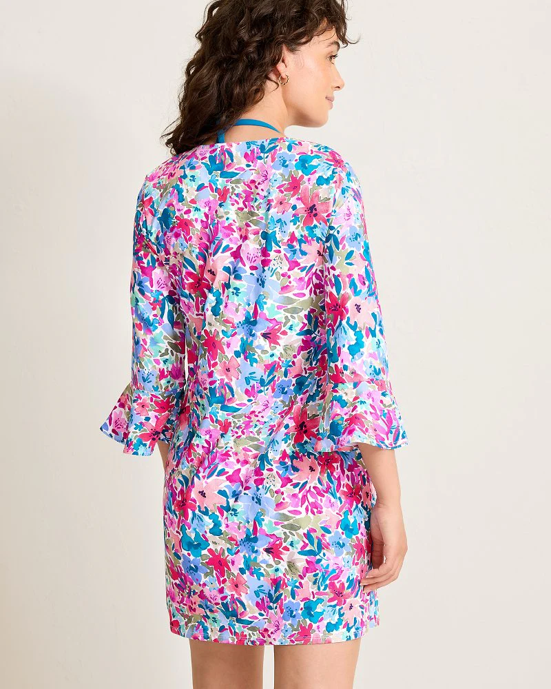Watercolor Floral Flounce-Sleeve Spa Coverup Dress - Image 3