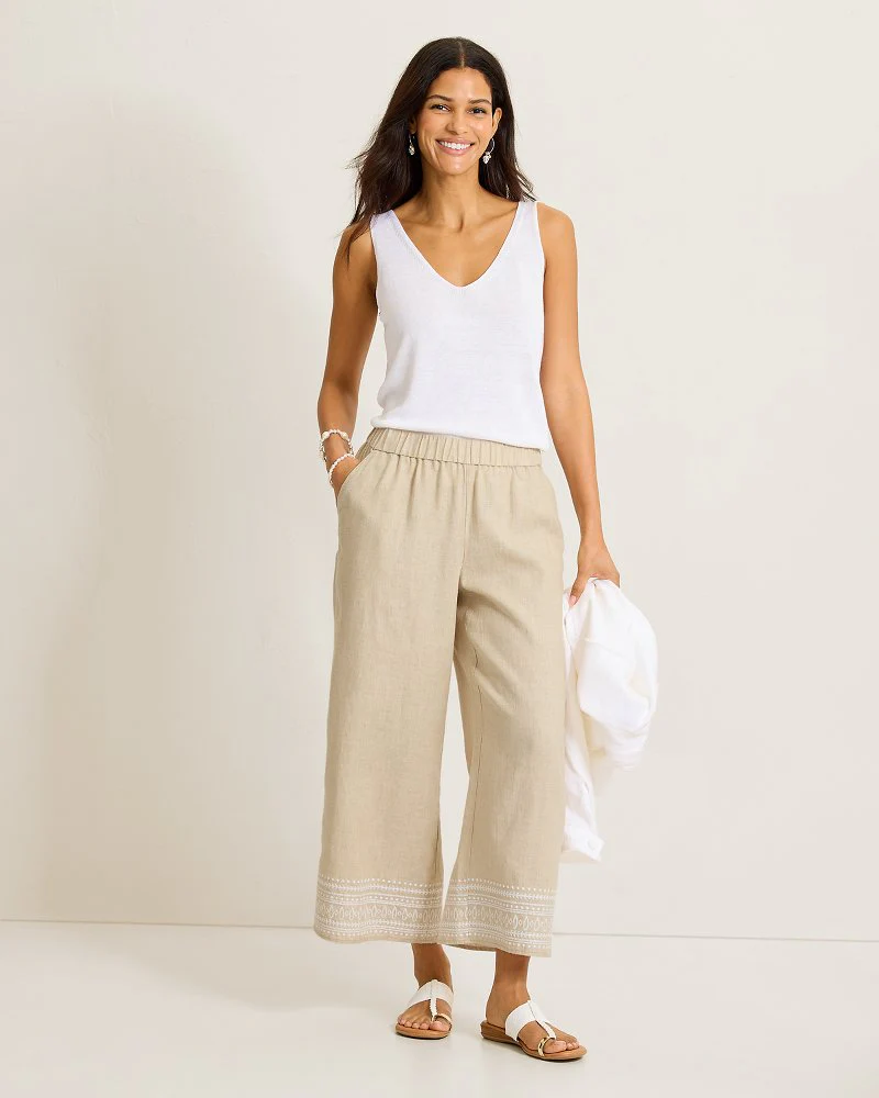 Two Palms Embroidered Linen Coulottes - Image 4