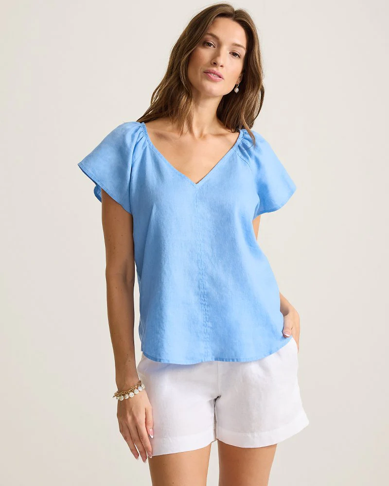 Coastalina Linen V-Neck Flutter Top