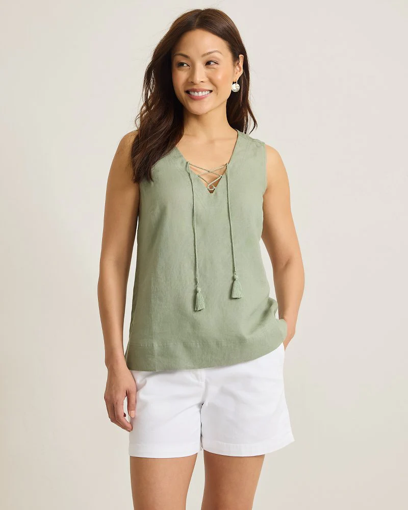 Coastalina Linen V-Neck Tie-Front Top
