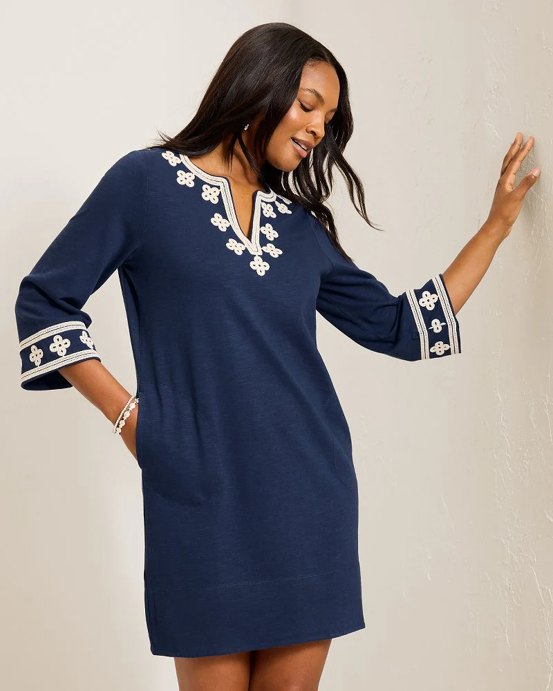 Sunset Harbor Embroidered 3/4-Sleeve Dress